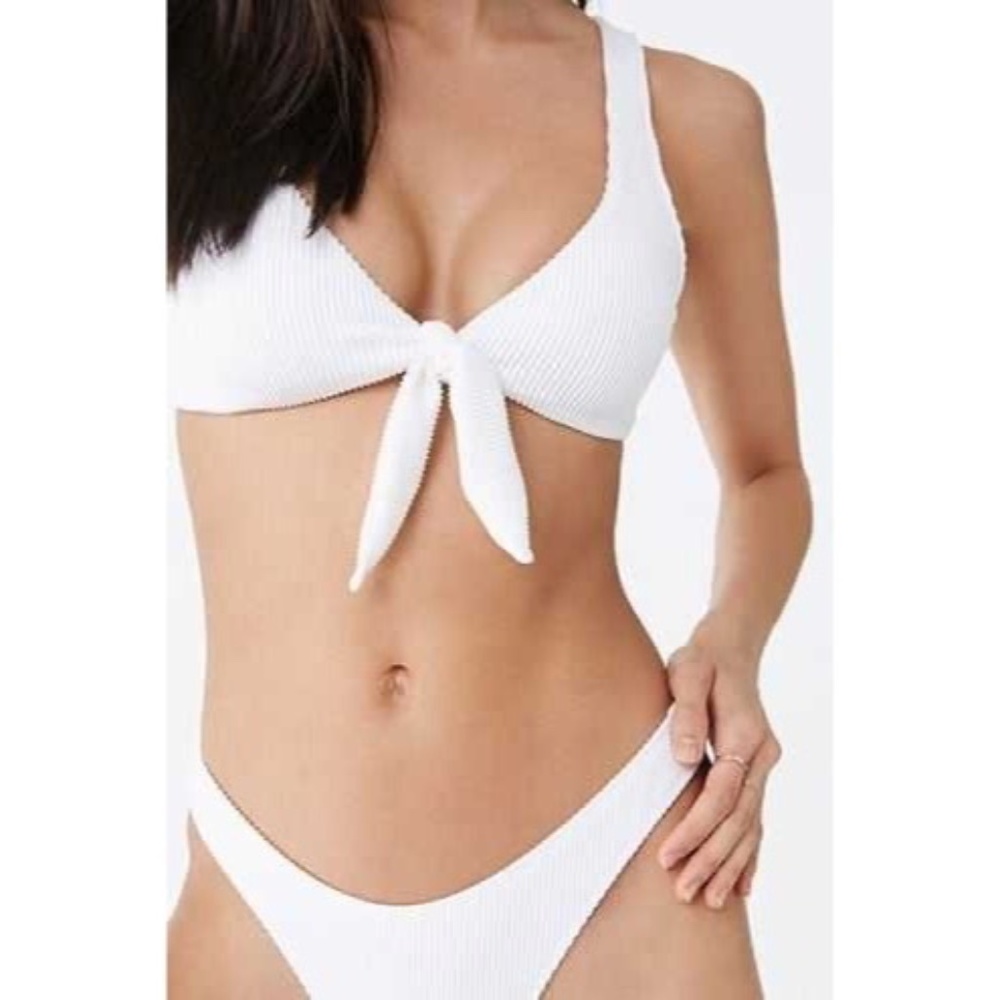 White Ribbed Tie-Front Bikini Set
